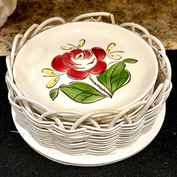 Vintage Stetson Red Rio Rose Desert Plates in basket Set of Seven - Picture 4 of 16